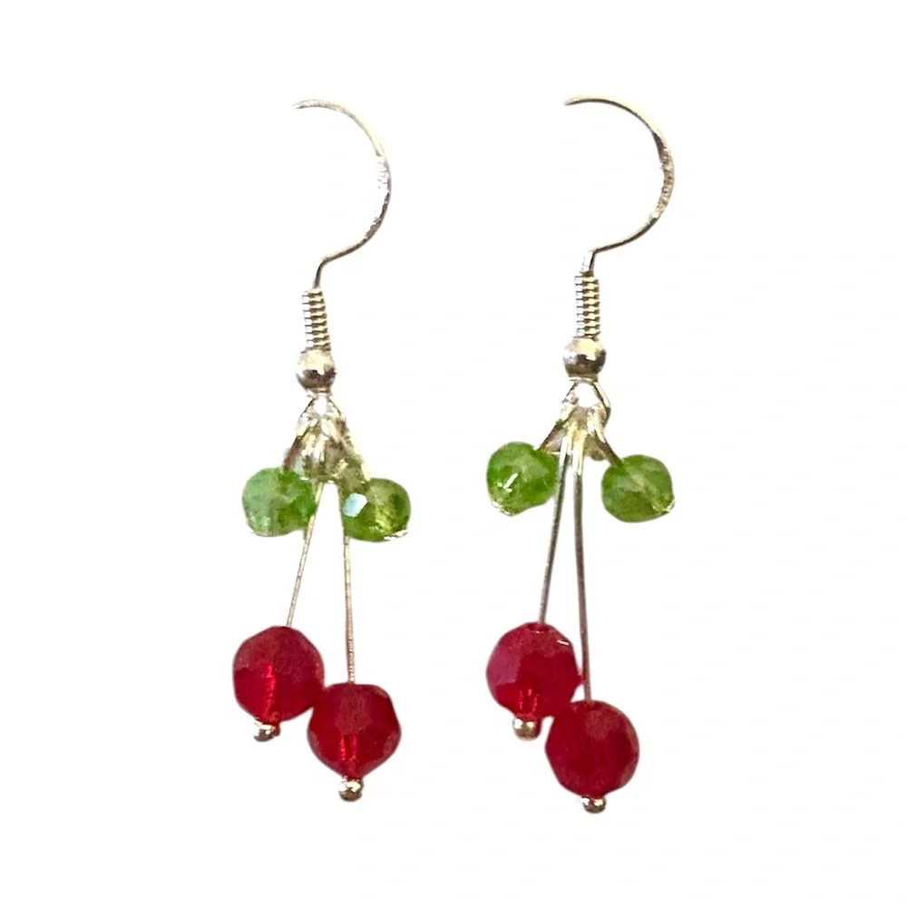 Crystal Beaded Cherry Earrings on 925 Hooks. Hand Made with Love. - Picture 2 of 4